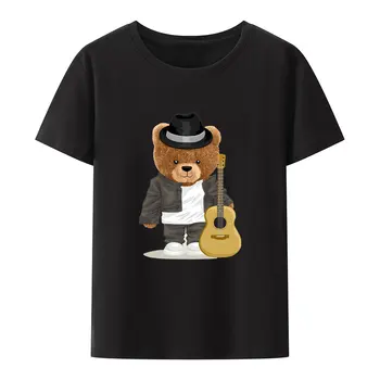 Yaratıcı Serin Ayı Müzisyen Kostüm Akustik Gitar Baskı T Shirt Erkek Kadın Rahat Nefes Y2k Moda Camisetas