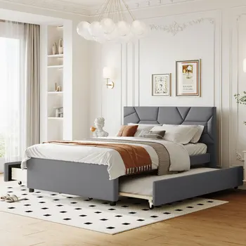 Yatak odası mobilyaları için İkiz Yatak ve 2 Çekmeceli, Tuğla Desenli Başlıklı Gri Tam Boy Döşemeli Platform Yatak