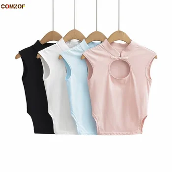 Yaz Hollow Out Kadınlar Slim Fit Tankı Üstleri Düğüm Düğmesi Kolsuz T-Shirt Harajuku Moda Bluz Kırpma Üst Ropa Mujer