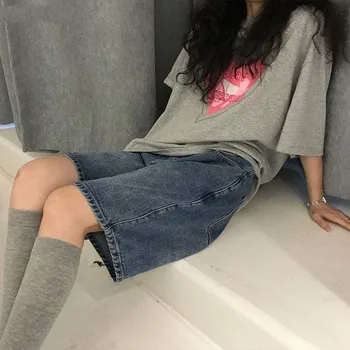 Yaz Kadın Vintage Y2K Streetwear Kot Şort Yüksek Bel Diz Boyu Geniş Bacak Baggy Alt Kargo kısa pantolon kadın şort