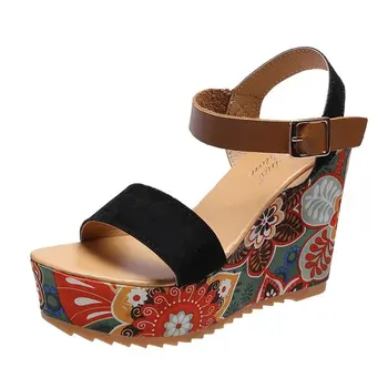 Yaz Kama Sandalet Kadınlar için Retro Etnik Baskı platform ayakkabılar Bayanlar Rahat Ayak Bileği Toka Rahat Orta Topuk Açık Ayak