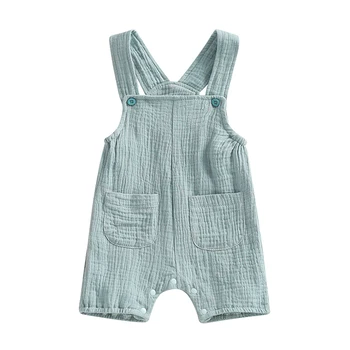 Yaz Katı Bebek Erkek Kız Tulum Genel Tulum Pamuk Keten Kumaş Kolsuz Kayış Yenidoğan Bebek Romper Giysileri