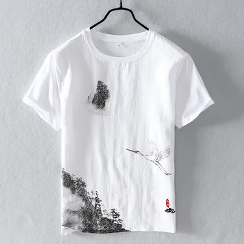 Yaz Moda Çin Tarzı Keten T-Shirt Vintage Pamuk Baskı Kısa Kollu T Gömlek Erkek Casual Tops Tee O-Boyun Tişörtleri