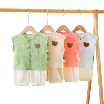 Yaz Muslin Bebek giyim seti Erkek Kız Rahat Kolsuz Yelek Şort Pamuk Rahat İki Parçalı Setleri Çocuklar Ev Giyim 0-3Y