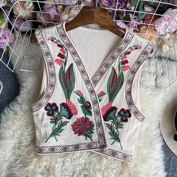 Yaz Vintage Nakış Tankı Üstleri Kadınlar için Dantelli Çiçek Kadın Kısa Üstleri Festivali Giyim Kolsuz Açık Çatal 2023'te Yeni