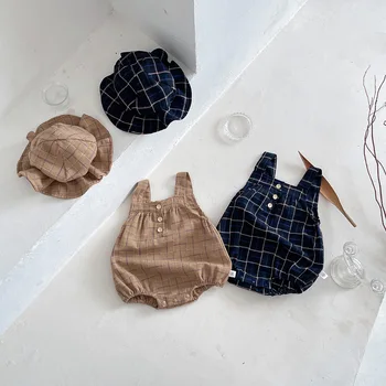 Yaz Yeni Bebek Giysileri Ekose Sling Bodysuit Şapka 2 Adet Set Toddler Kız Tek Parça Pamuk Erkek Bebek Kolsuz Tulum Kıyafet