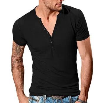 Yaz yeni erkek rahat Henry T-shirt kısa kollu ve yuvarlak boyun ince spor dip