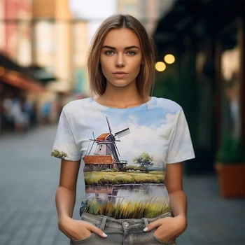 Yaz yüksek kaliteli günlük t-shirt Fırıldak baskılı tişört kadın Temel Gevşek yuvarlak boyun T-shirt Basit kısa kollu tişört