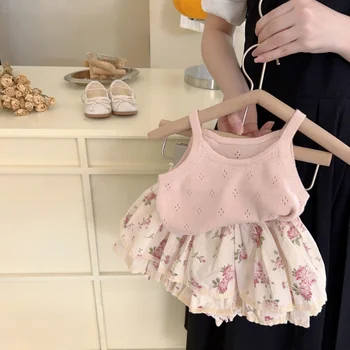 Yaz Çocuk Giysileri Kız Moda Tatlı Fransız Sevimli Örgü Kaşkorse Yelek Dantel Şort Etek 2 Parça Set Toddler Kız Butik Seti