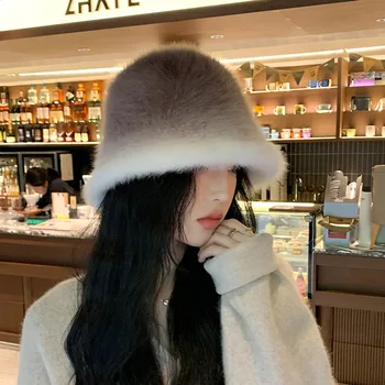 Yeni degrade renk kürk kova şapka kış kap kadınlar için sıcak kabarık moda