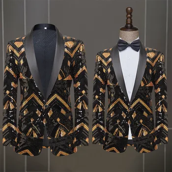 Yeni erkek Ceket Siyah Altın Sequins Blazer Performans Elbise Konak Gece Kulübü Düğün (Sadece Ceket)