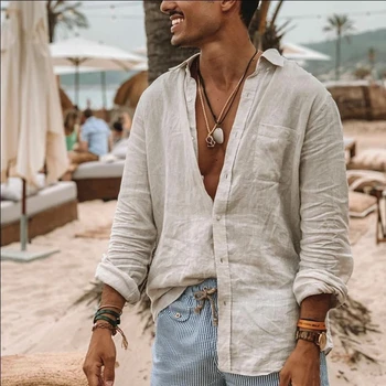 Yeni erkek Düz Renk Avrupa ve Amerikan İnce Pamuk Keten Gevşek Rahat Ev Yaka Uzun Kollu Hırka Plaj Gömlek