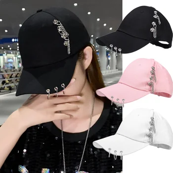 Yeni KPOP Şapka Kişilik piercing halkası Ayarlanabilir Beyzbol Kapaklar Punk Metal Zincir Hip Hop Şapka Unisex Moda Açık Siperliği
