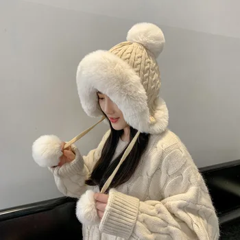 Yeni Kış Moda Sıcak Örgü Şapka Kadın Rus Bombacı Şapkalar Faux Tavşan Kürk Ponpon Kulak Koruyucu Kap Sombrero Gorro Ruso