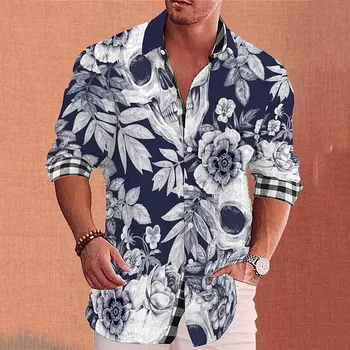 Yeni moda erkek uzun kollu gömlekler, çiçekler ve kafatasları baskılı tek göğüslü üstler, sokak giyim tasarımı S-6XL yaz 2023