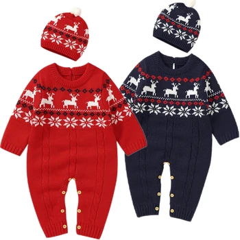 Yeni Noel Yürümeye Başlayan Tulum Giysileri Örgü Bebek Tulum Şapka Setleri Kış Uzun Kollu Yenidoğan Erkek Kız Örgü Tulumlar Kıyafetler