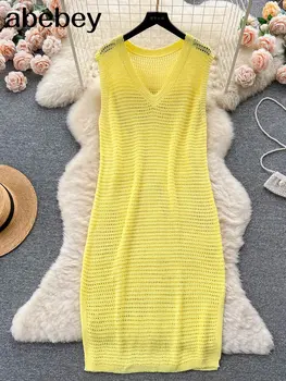 Yeni Saçak Örme Plaj Cover Up Cover-up Plaj Kıyafeti Seksi Backless Vestidos Hollow Out Elbise Uzun Plaj Elbise Yarık 2023