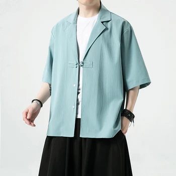 Yeni Çin Tarzı Yaz Kısa kollu erkek gömleği Yüksek Kaliteli erkek Takım Elbise Yaka Hanfu Gömlek Sinicism erkek Gençlik Casual Tops