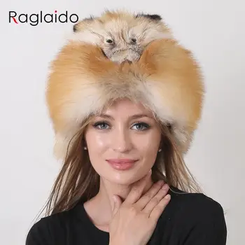 Yeni Şık Sıcak Şapka Kadınlar için Doğal Tilki Kürk silindir şapka Gerçek Kürk Moda Kabarık Kuyruk Kış Şapka