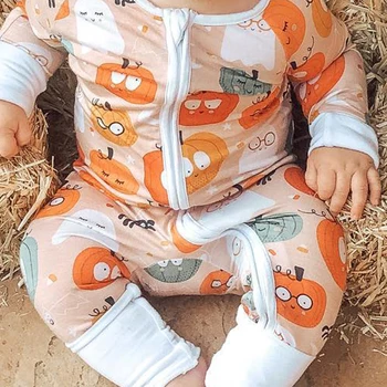 Yenidoğan Bebek Kız Hayalet Çiçek Baskı Fermuar Romper Tulum Uzun Kollu Zip Up Bodysuit Cadılar Bayramı Kostüm Bebek Güz Kıyafetler