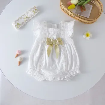 Yenidoğan Bebek Kız yaz giysileri Toddler Kız İlk Doğum Günü Pamuk Prenses Tulum Bebek Sinek Kollu Tek Parça Giyim Seti