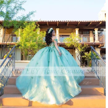 Yeşil Quinceanera Elbiseler Tatlı 16 Kızlar İçin 3D Çiçekler Boncuk Kapalı Omuz balo elbisesi Doğum Günü Elbise Vestidos De Quinceañera