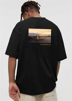 Yohji Yamamoto Yaz Çok Yönlü Kısa Kollu Geri New York Panoramik Sokak Baskı erkek Ve kadın T-Shirt