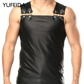 YUFEIDA Moda Erkek Tankı Üstleri Suni Deri Kolsuz Askı Yelek Erkek Deri Streetwear Fetiş Yelek Gömlek Spor Atlet