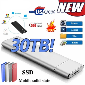Yüksek hızlı 30TB 1TB 2TB SSD Taşınabilir Harici Katı Hal Sabit Disk 16TB 8TB USB3. 0 Arayüzü 100 % Orijinal Mobil Sabit Disk