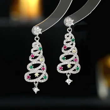 Yüksek Kalite 925 Ayar Gümüş Zirkon Kar Tanesi Renkli Noel Ağacı Kulak Çiviler Küpe Kadın İçin moda mücevherat (DJ2434)