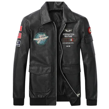 Yüksek Kaliteli deri ceketler Erkekler motosiklet motorcu ceketi Vintage Uçak İşlemeli Pu Deri Mont Erkek Veste Homme Rüzgarlık