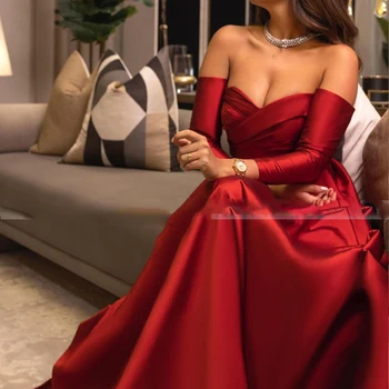 Zarif Elbiseler Balo 2023 Şarap Kırmızı Uzun Kollu Kapalı Omuz Sevgiliye Saten Bir Çizgi Akşam Partisi Törenlerinde