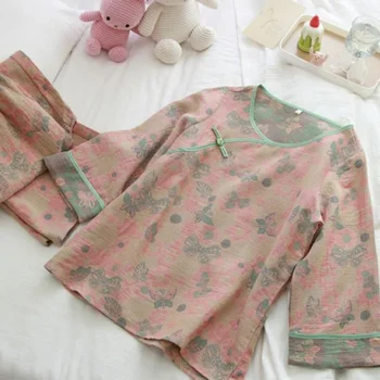 Çin Tarzı Kurbağa Pamuk Sonbahar Pijama Seti Kadın O-Boyun Uzun Kollu Vintage Pijama Kelebek Çiçekler Zarif Ev Takım Elbise Yumuşak