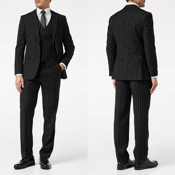 Çizgili erkek Düğün Takımları Slim Fit Smokin 3 Adet Çentik Yaka Damat Giyim İş Ceket Pantolon Yelek Custom Made