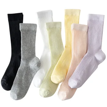 Çorap Kadın Kadın Yaz İnce Düz Renk Pamuk Örgü Çorap Yüksek Tüp Çorap Japon Tatlı Tarzı Şerit Calcetines Mujer Sox