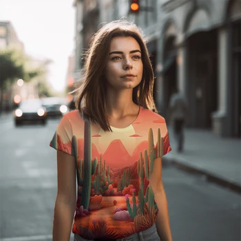 Çöl Kaktüs 3D baskılı tişört Kadın Açık Alışveriş Moda T-shirt Basit Yuvarlak Boyun T-shirt Yaz Gevşek günlük t-shirt