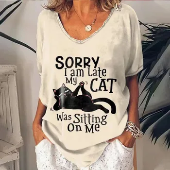 Üzgünüm Geç Kaldım Kedim Üzerimde Oturuyordu Kadın 3D baskılı büyük tişört
