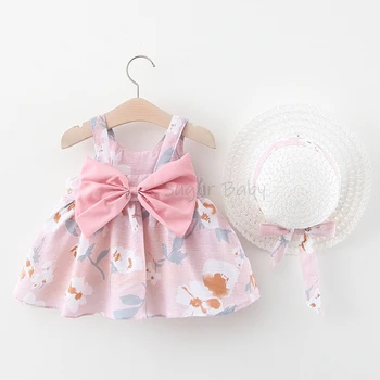 Şeker Bebek 2023 Ins Elbiseler Çocuklar Çiçek Yay yaz elbisesi Şapka ile Güzel Bebek Kız Elbise Yenidoğan Kız Kolsuz Onesies 1Yr