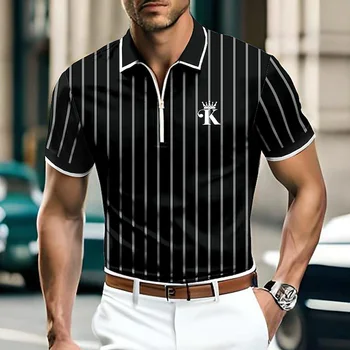 Şerit erkek polo gömlekler Moda Kısa Kollu İş Ofis Üstleri Yaz Rahat Fermuar Gömlek Büyük Boy Streetwear Erkek Giyim