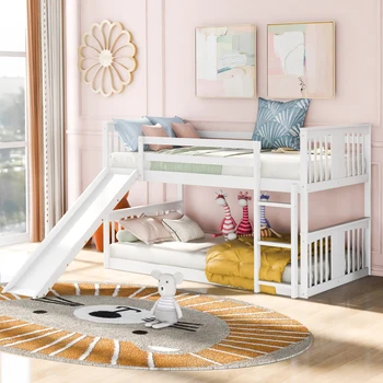 Kapalı yatak odası mobilyaları için montajı kolay, Kaydıraklı ve Merdivenli İkiz Ranza Üzerinde Beyaz İkiz