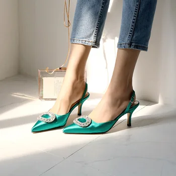 Yaz Yeni Stiletto Sivri Yüksek Topuk suni elmas toka Sandalet Saten Kore Versiyonu Vahşi Baotou Kadın serin ayakkabı