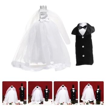 Yılbaşı dekoru Düğün Şişe Seti Gelin Peçe Kapak Damat Takım Elbise Kapakları Sahne Örgü Romantik Kaynağı